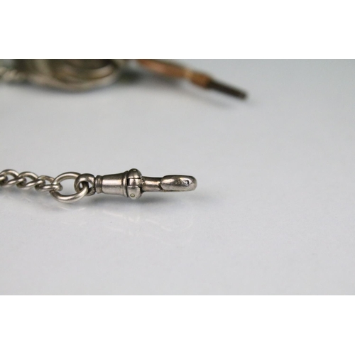 365 - Victorian silver pocket watch chain with graduating links, T bar and dog lead clasp, mounted with a ... 