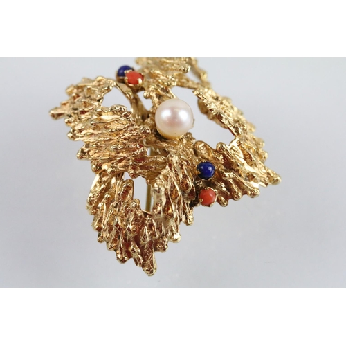 4 - Mid Century 9ct gold pearl, coral and lapis lazuli brooch. The brooch of pierced textured form with ... 