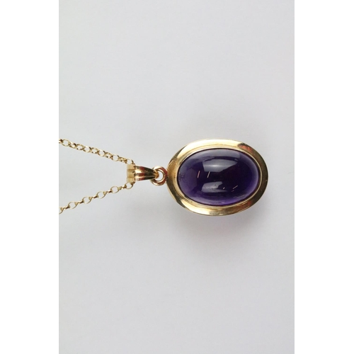 44 - 9ct gold and amethyst necklace, bracelet, earrings and ring. Each piece being set with amethyst cabo... 