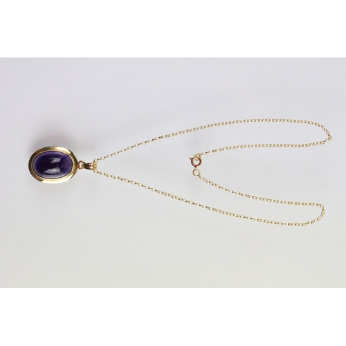 44 - 9ct gold and amethyst necklace, bracelet, earrings and ring. Each piece being set with amethyst cabo... 