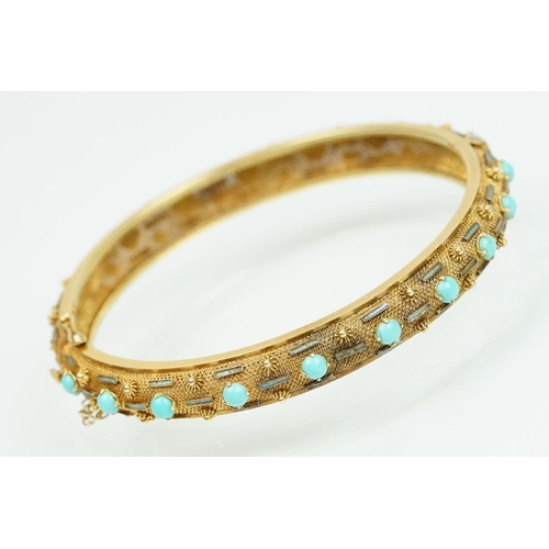 46 - 14ct gold turquoise and enamel hinged bangle bracelet. The round bangle having a mesh body set with ... 