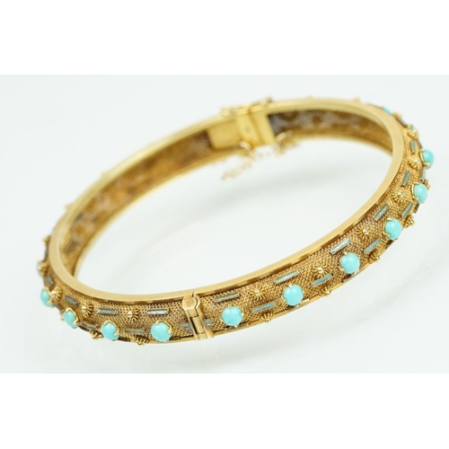 46 - 14ct gold turquoise and enamel hinged bangle bracelet. The round bangle having a mesh body set with ... 