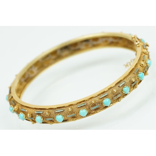 46 - 14ct gold turquoise and enamel hinged bangle bracelet. The round bangle having a mesh body set with ... 