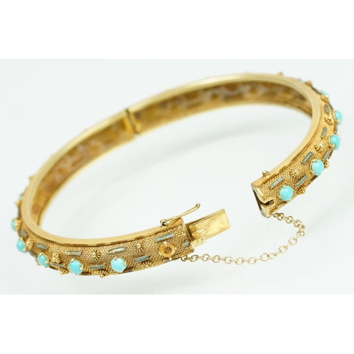 46 - 14ct gold turquoise and enamel hinged bangle bracelet. The round bangle having a mesh body set with ... 