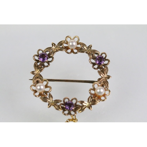 49 - 9ct gold amethyst and pearl brooch of round form set with three round cut amethysts and three cultur... 