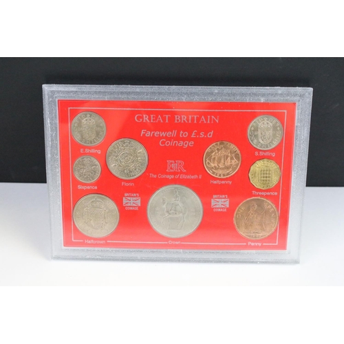 101 - A collection of eight cased coin sets to include King Edward VII penny set, Queen Victoria penny set... 