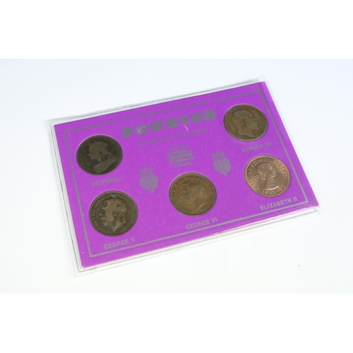 101 - A collection of eight cased coin sets to include King Edward VII penny set, Queen Victoria penny set... 