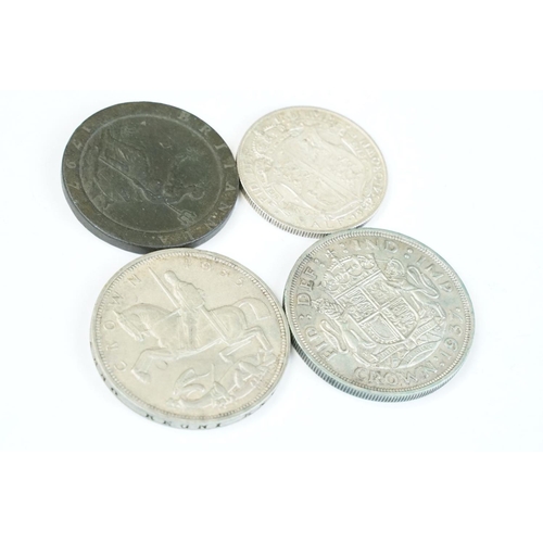 141 - A small collection of British pre decimal coins to include two silver crown coins.