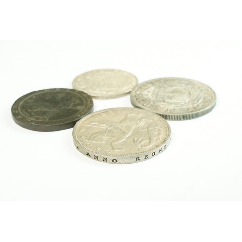 141 - A small collection of British pre decimal coins to include two silver crown coins.