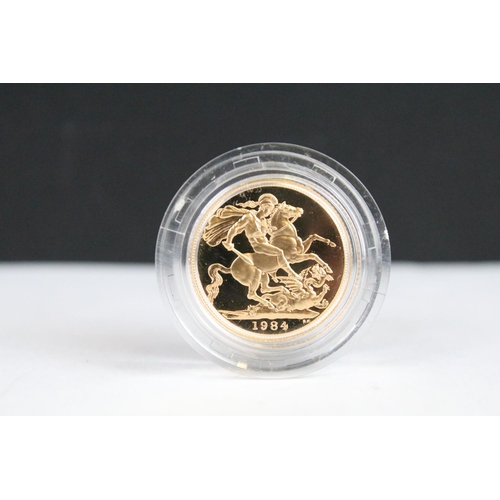 29 - A British Royal Mint Queen Elizabeth II proof 1984 gold full sovereign coin encapsulated within fitt... 