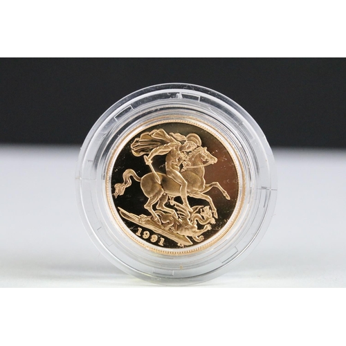 30 - A British Royal Mint Queen Elizabeth II proof 1991 gold full sovereign coin encapsulated within fitt... 