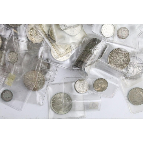 60 - A collection of British pre decimal silver pre 1947 and pre 1920 coins to include threepence, sixpen... 