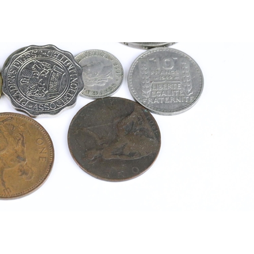 72 - A small collection of British pre decimal and world coins to include four silver crown coins.