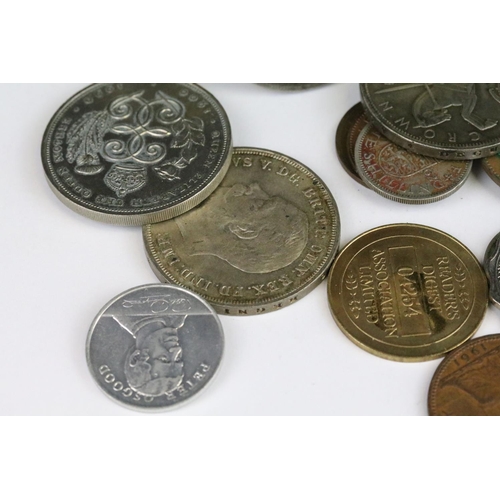 72 - A small collection of British pre decimal and world coins to include four silver crown coins.