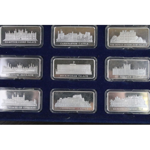 78 - A cased set of twelve silver ingots representing British castles, each individualy hallmarked a weig... 