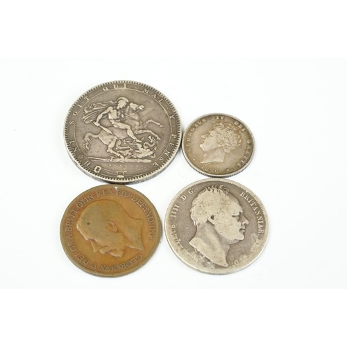 9 - A small group of four British pre decimal coins to include a King George III 1819 full silver crown ... 