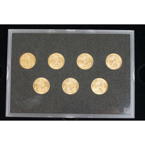 227 - A Westminster Mint cased set of seven King George V gold full sovereign coins to include 1918 (Bomba... 