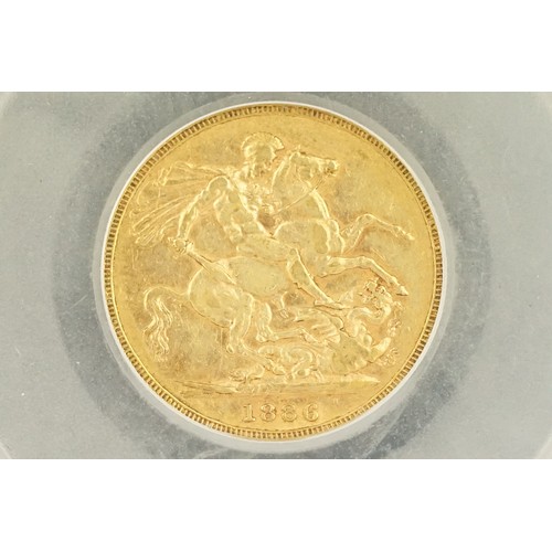 231 - A Queen Victoria 1886 Melbourne Mint gold full sovereign coin, CGS slab mounted.