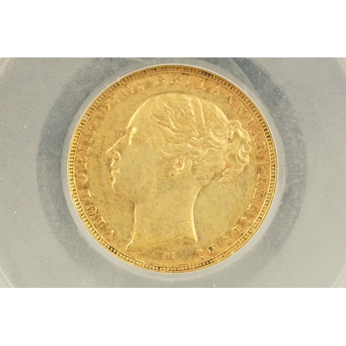 231 - A Queen Victoria 1886 Melbourne Mint gold full sovereign coin, CGS slab mounted.