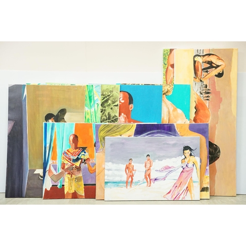 129 - Ten oil on canvas paintings, mostly nudes, the largest 50 x 120cm