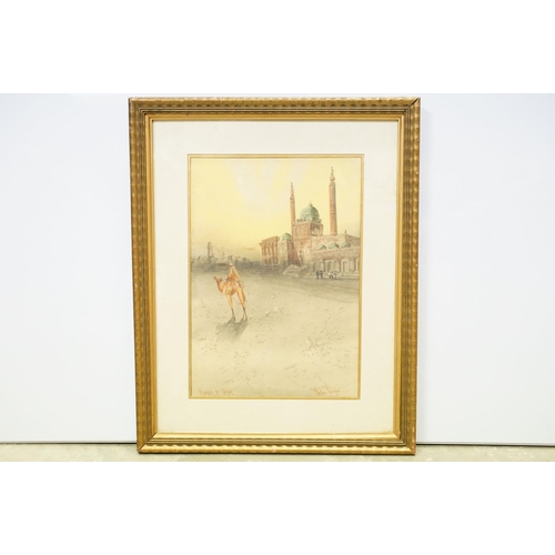 135 - Anton Purbini (1800 - 1900), figures and camel beside the Mosque of Omar, watercolour, 35.5 x 24.5cm... 