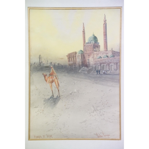 135 - Anton Purbini (1800 - 1900), figures and camel beside the Mosque of Omar, watercolour, 35.5 x 24.5cm... 