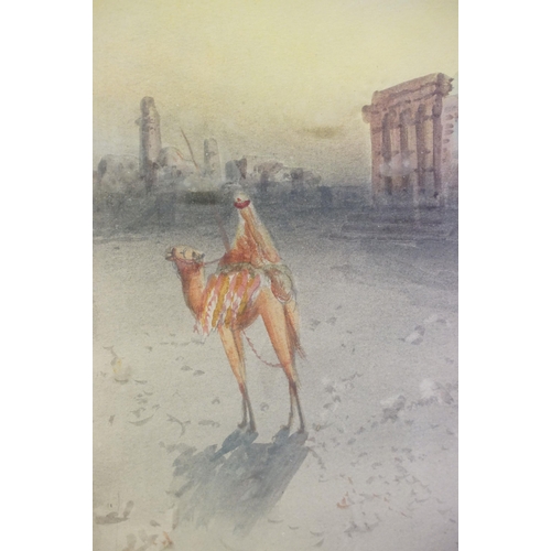 135 - Anton Purbini (1800 - 1900), figures and camel beside the Mosque of Omar, watercolour, 35.5 x 24.5cm... 