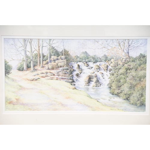 17 - Wendy Trinder, a pair: waterfall, pen and watercolour, signed lower right and woodland walk, pen and... 