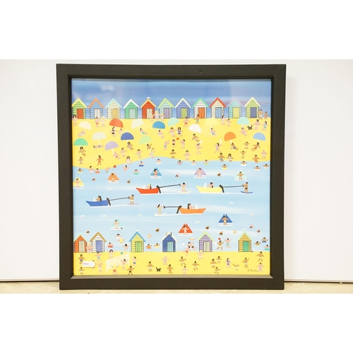 23 - Gordon Barker (b.1960), beach huts, figures and water-skiing, signed lower right, 40 x 40cm, framed ... 