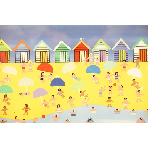 23 - Gordon Barker (b.1960), beach huts, figures and water-skiing, signed lower right, 40 x 40cm, framed ... 