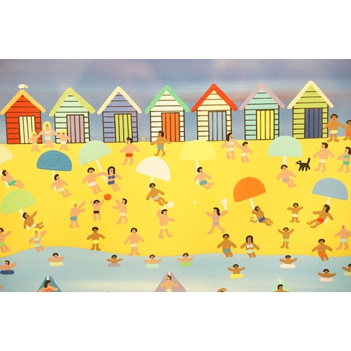 23 - Gordon Barker (b.1960), beach huts, figures and water-skiing, signed lower right, 40 x 40cm, framed ... 