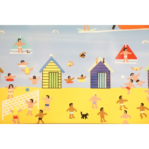 23 - Gordon Barker (b.1960), beach huts, figures and water-skiing, signed lower right, 40 x 40cm, framed ... 