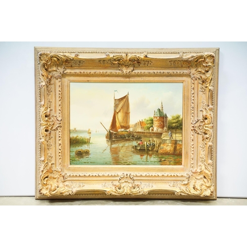 30 - I Van Brough, Dutch River, oil on panel, signed lower right, title inscribed verso and label for The... 