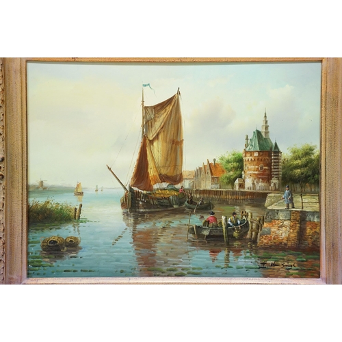 30 - I Van Brough, Dutch River, oil on panel, signed lower right, title inscribed verso and label for The... 