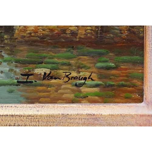 30 - I Van Brough, Dutch River, oil on panel, signed lower right, title inscribed verso and label for The... 