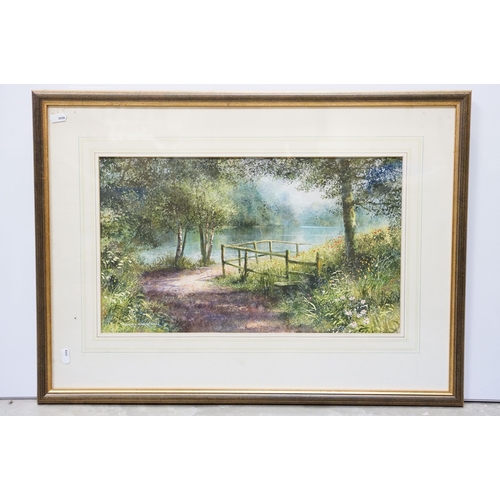 47 - Terry Harrison, river walk, watercolour, signed lower left, 28.5 x 49cm, framed and glazed, Pauline ... 