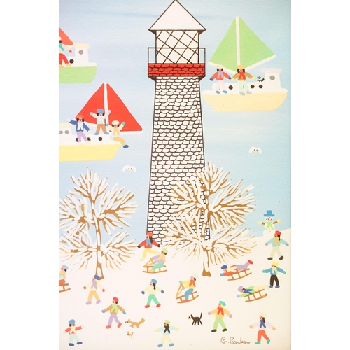 48 - Gordon Barker (b.1960), snowmen, houses, lighthouse and boats, acrylic, signed lower right, 40 x 40c... 