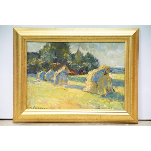 52 - Eva Szparkowski, hay rick landscape scene, impasto oil on board, signed lower left, 23.5 x 34cm, gil... 