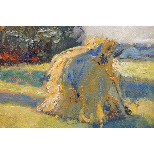 52 - Eva Szparkowski, hay rick landscape scene, impasto oil on board, signed lower left, 23.5 x 34cm, gil... 