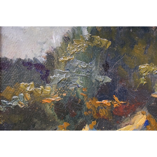 52 - Eva Szparkowski, hay rick landscape scene, impasto oil on board, signed lower left, 23.5 x 34cm, gil... 