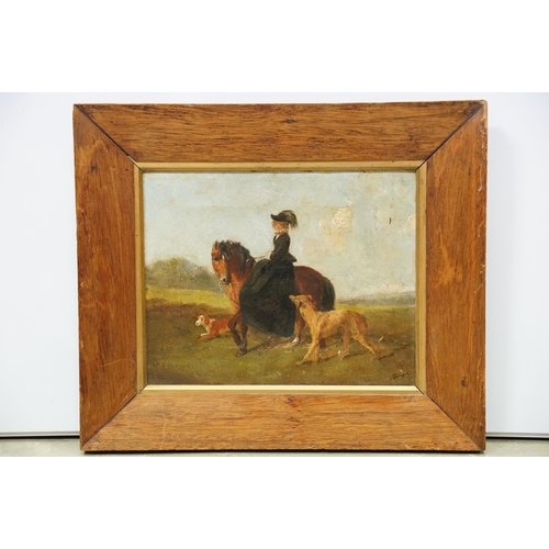 75 - 19th century English School, lady on horseback accompanied by two dogs, oil on canvas, indistinctly ... 