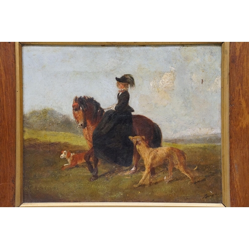 75 - 19th century English School, lady on horseback accompanied by two dogs, oil on canvas, indistinctly ... 