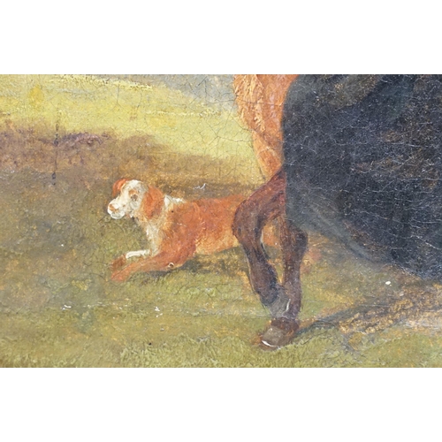 75 - 19th century English School, lady on horseback accompanied by two dogs, oil on canvas, indistinctly ... 