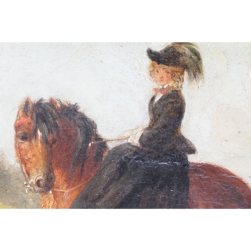 75 - 19th century English School, lady on horseback accompanied by two dogs, oil on canvas, indistinctly ... 