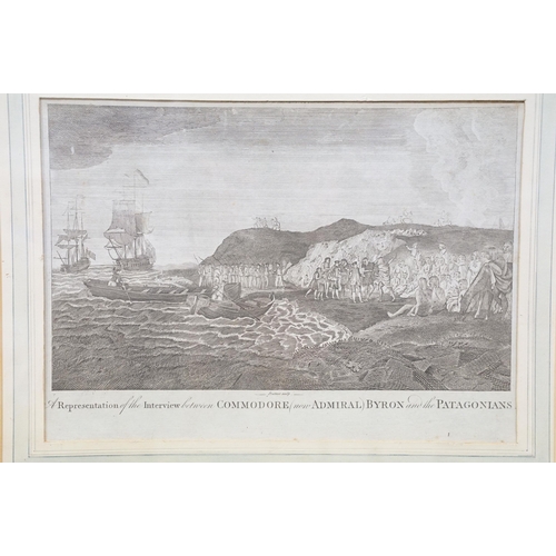 76 - 18th century, a framed naval engraving depicting Admiral John Byron (1723 - 1786) meeting with the n... 