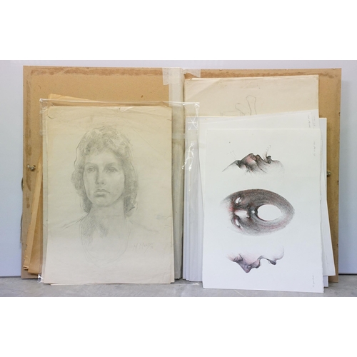 77 - Portfolio containing pencil portraits by M.Mostyn together with a collection of pen and ink drawings... 