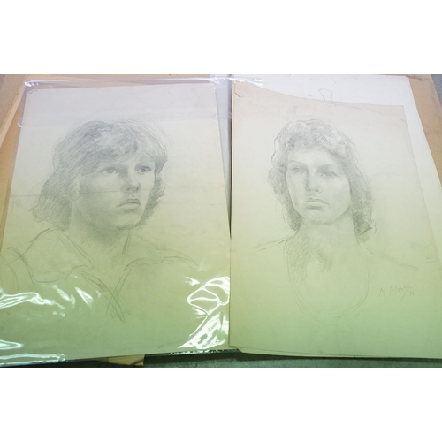 77 - Portfolio containing pencil portraits by M.Mostyn together with a collection of pen and ink drawings... 