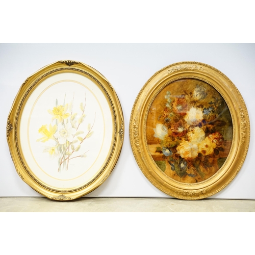 81 - 19th century floral painting on cloth, mounted onto glass, 44.5 x 36cm, gilt framed together with Li... 