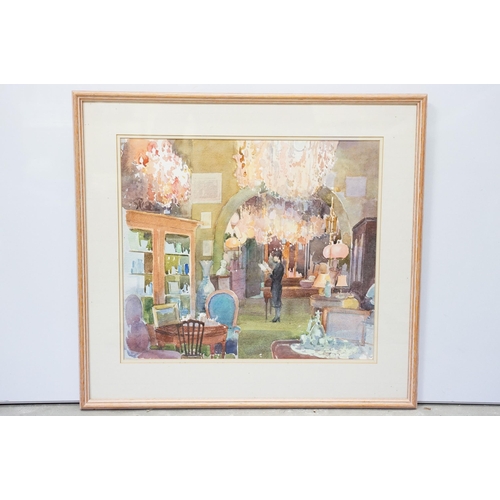 89 - Jean Hobbs, Antique Shop in Rennes, watercolour, signed lower right, title label and artist's labels... 