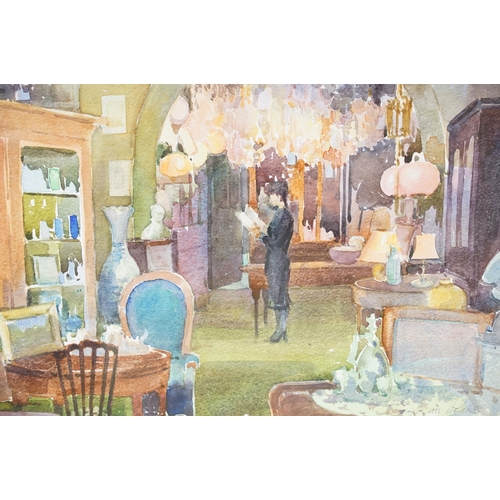 89 - Jean Hobbs, Antique Shop in Rennes, watercolour, signed lower right, title label and artist's labels... 